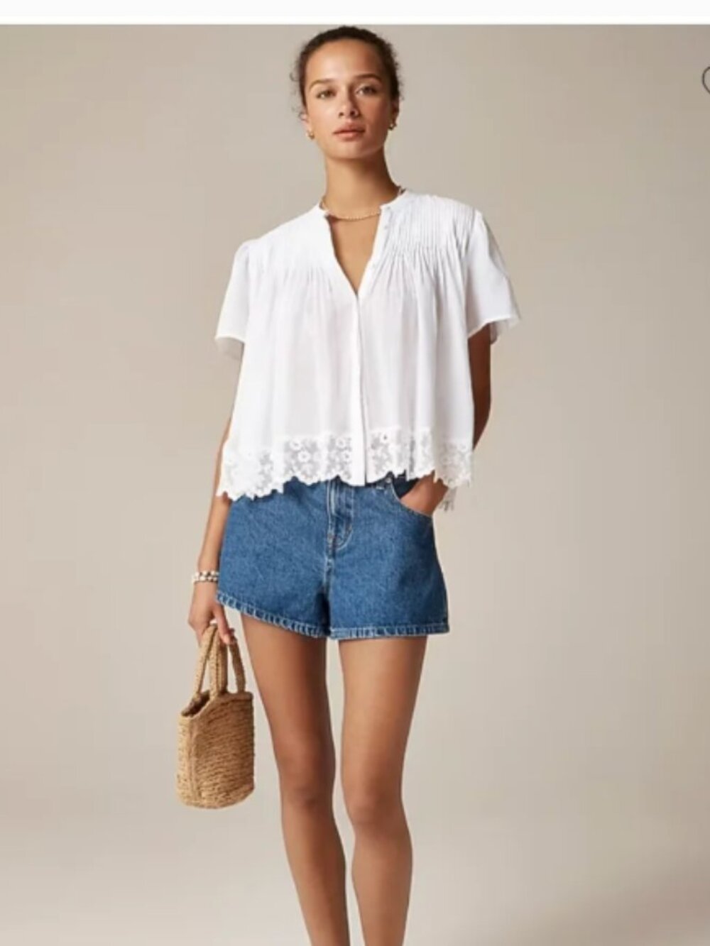 J Crew Women's Lace-trim pintuck top in cotton voile- Size Large
